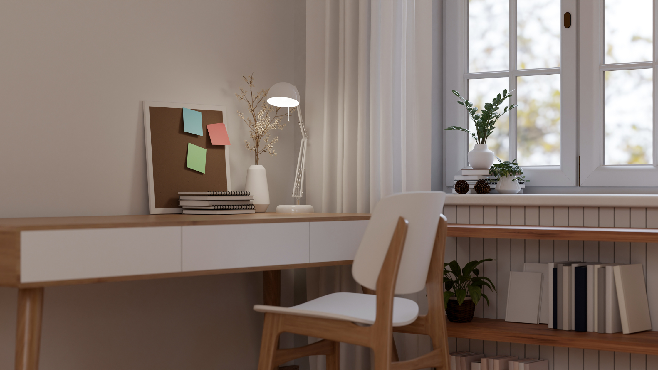 Desk and chair in a home office with a window and white curtain and a corkboard with post it notes and a white lamp