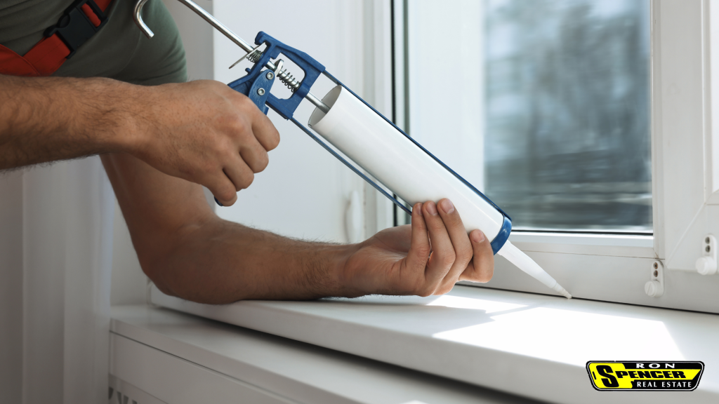 A person holding a caulk gun aiming it at a white windowsill to seal the window