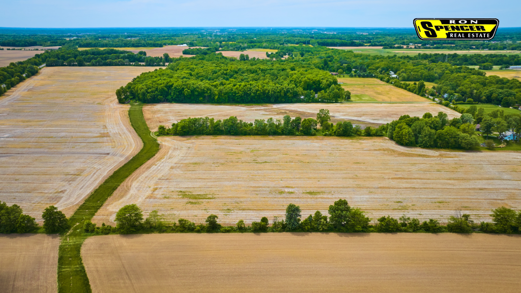 Aerial view of farmland sectioned out by green grass and trees