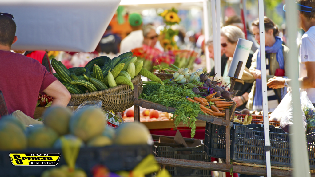 A pan of a local farmers market scanning the crates of fresh produce and shoppers looking at them. Ohio Homebuyer in the Summer