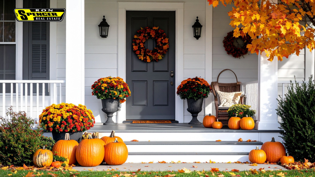 A front porch with gray exterior and black door with white front porch fence and trim and 3 steps - decorated for Autumn with pumpkins, fall colored flower pots and trees with orange and gold trees in the front yard