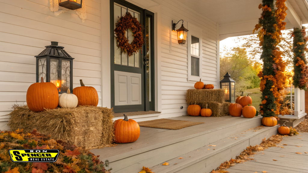 Front porch of a white house with black trim decorated for fall with hay bales, pumpkins, a wreath and lanterns in orange, brown and reds