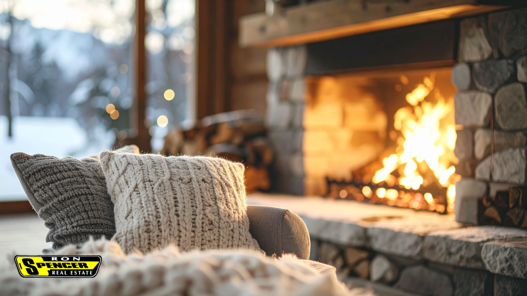 A home in the winter with a roaring fire going in the fireplace, knit pillows and snow falling outside the window