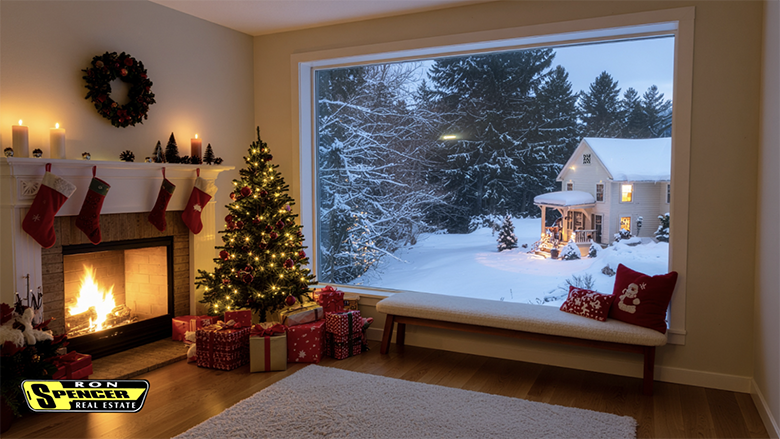 Large window with snow and Christmas tree