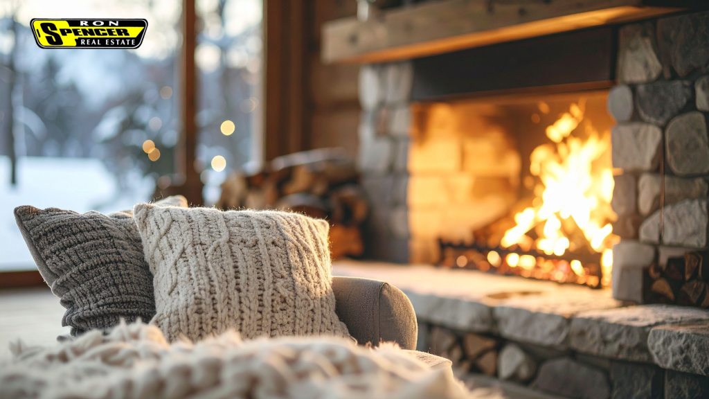 inside a living room home with warm beige blankets, cable knit pillows and a fire in the stone fireplace