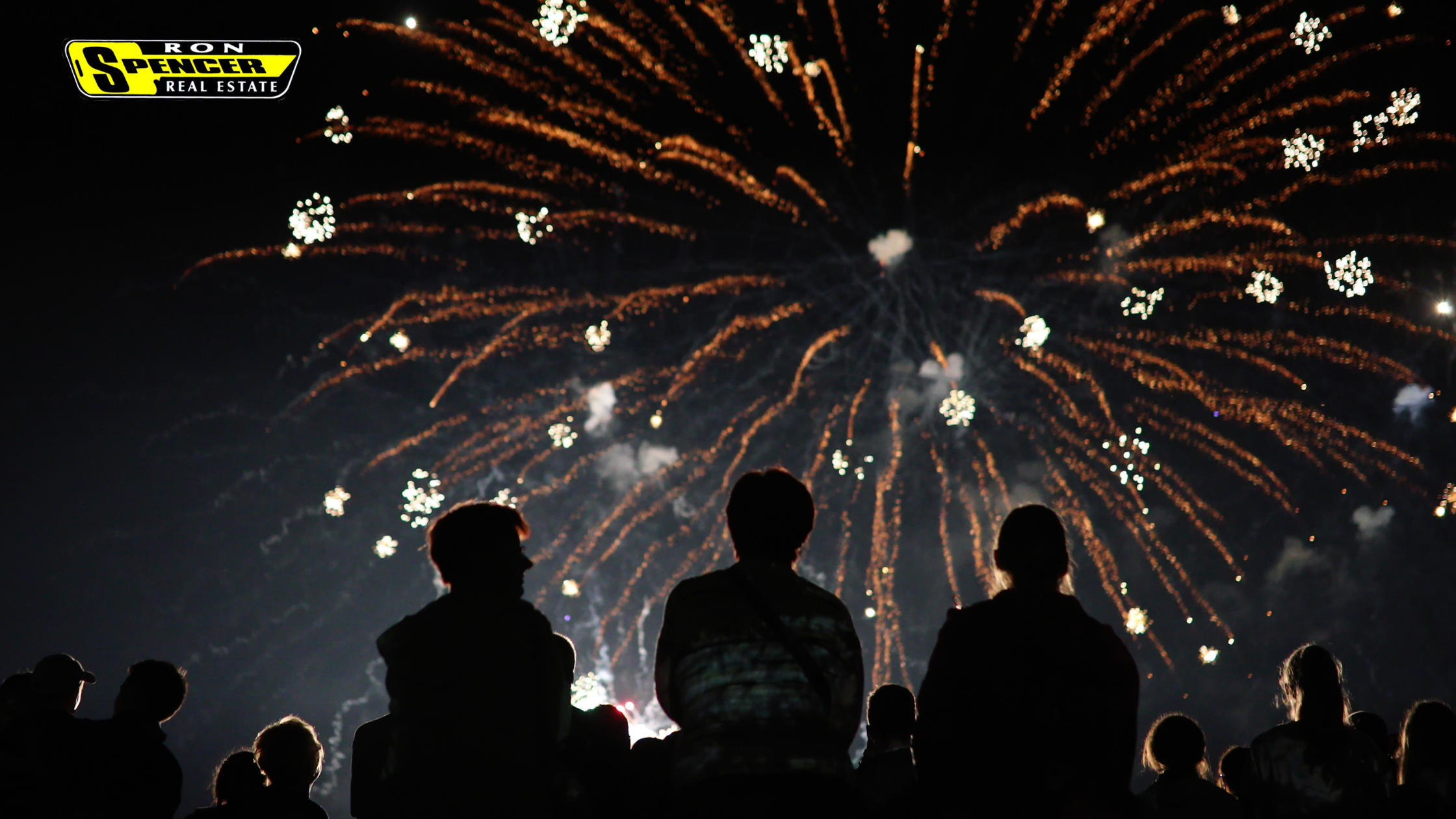 Silhouettes of people looking up at the night sky watching fireworks