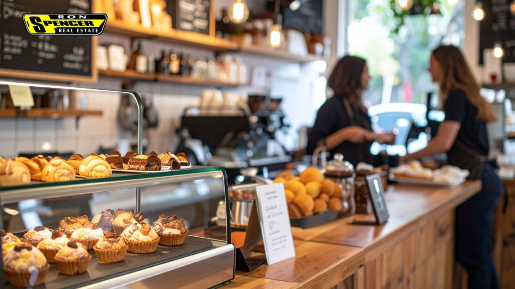local coffee shop with two women speaking at the counter and pastries in a case in front of them