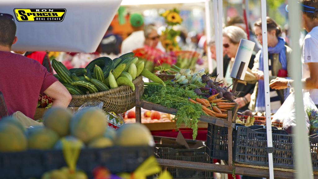 Looking down the aisle of a local outdoor farmers market with colorful fresh produce