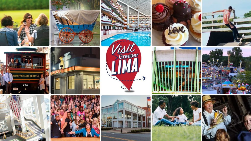 collage of images from Lima Ohio with the Visit Greater Lima logo in the center