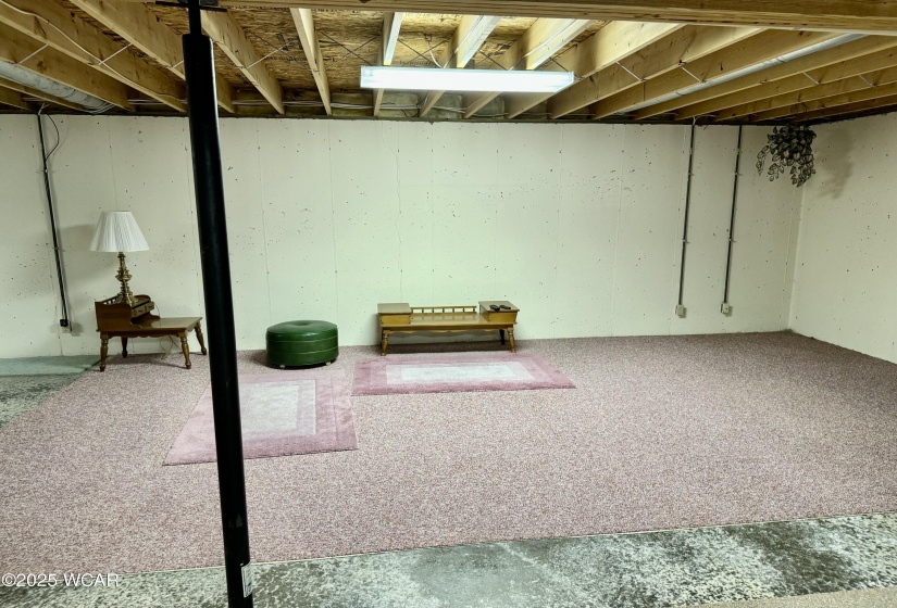Basement with painted cement walls and carpet remnant on floor